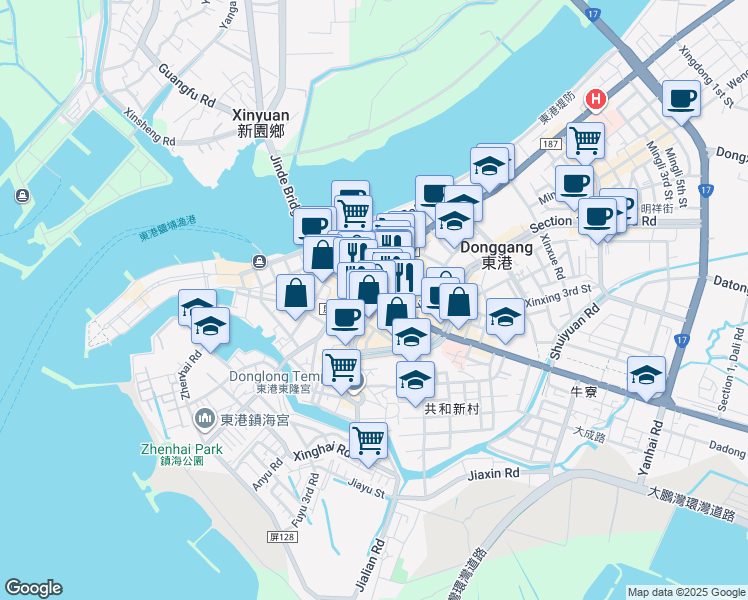 map of restaurants, bars, coffee shops, grocery stores, and more near 75 Zhongshan Road in Donggang Township