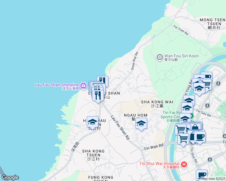 map of restaurants, bars, coffee shops, grocery stores, and more near Deep Bay Road in Hong Kong