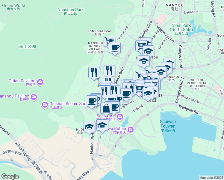 map of restaurants, bars, coffee shops, grocery stores, and more near Nanhai Avenue & Gongye 3rd Road in Shenzhen