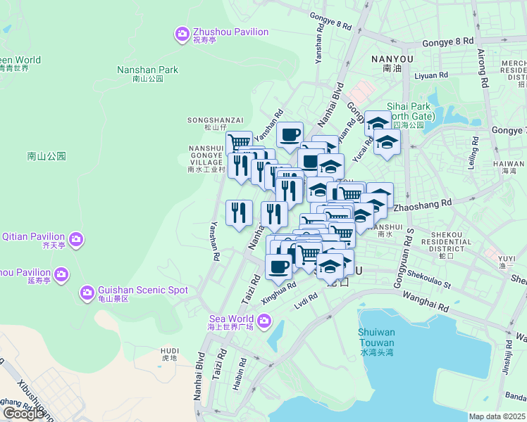 map of restaurants, bars, coffee shops, grocery stores, and more near Nan Hai Da Dao in Shenzhen Shi