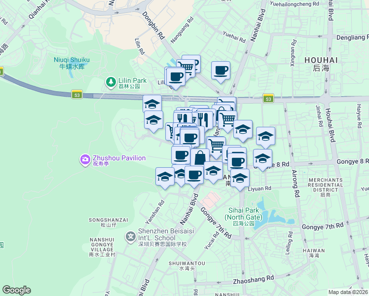 map of restaurants, bars, coffee shops, grocery stores, and more near Gongye 8th Road & Yanshan Road in Shenzhen