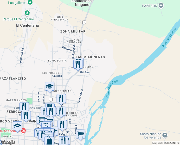map of restaurants, bars, coffee shops, grocery stores, and more near Del Río in Acaponeta