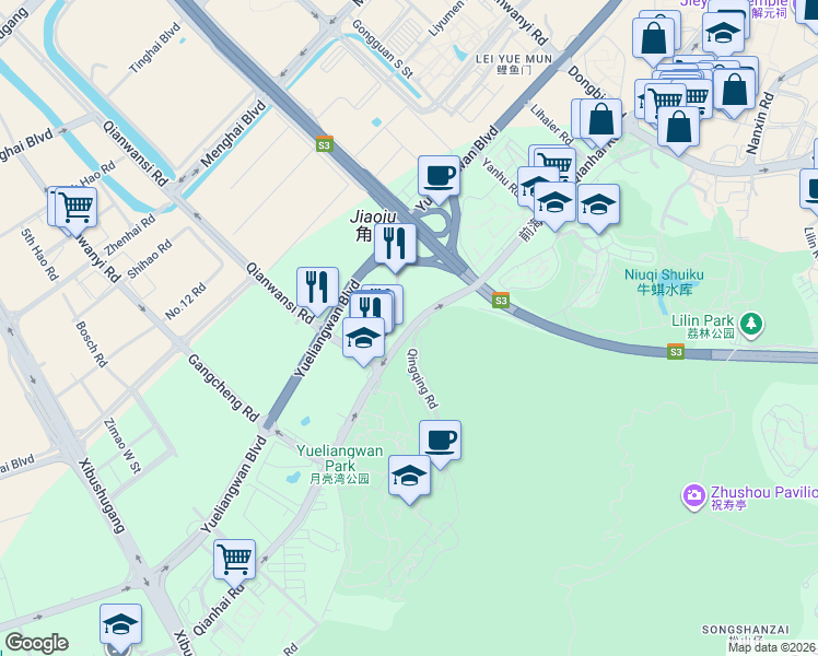 map of restaurants, bars, coffee shops, grocery stores, and more near Qian Hai Lu in Shen Zhen Shi