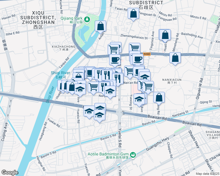 map of restaurants, bars, coffee shops, grocery stores, and more near in Zhongshan