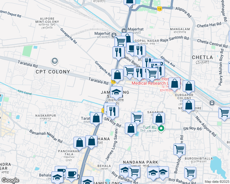 map of restaurants, bars, coffee shops, grocery stores, and more near 1 Taratala Road in Kolkata