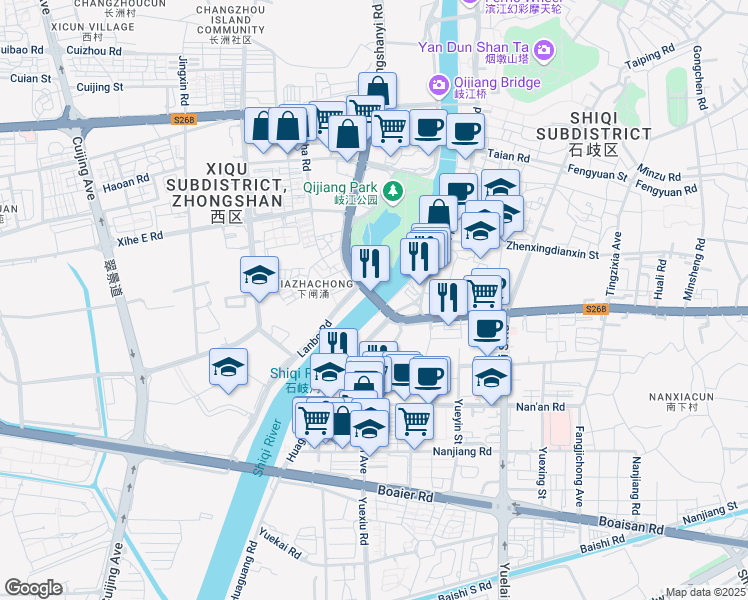 map of restaurants, bars, coffee shops, grocery stores, and more near Zhong Shan Da Qiao in Zhong Shan Shi