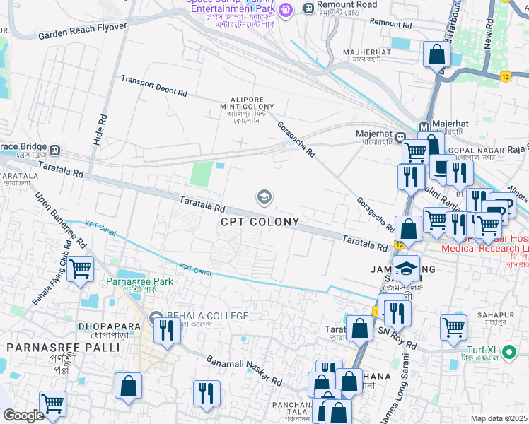 map of restaurants, bars, coffee shops, grocery stores, and more near 1 Taratala Road in Kolkata