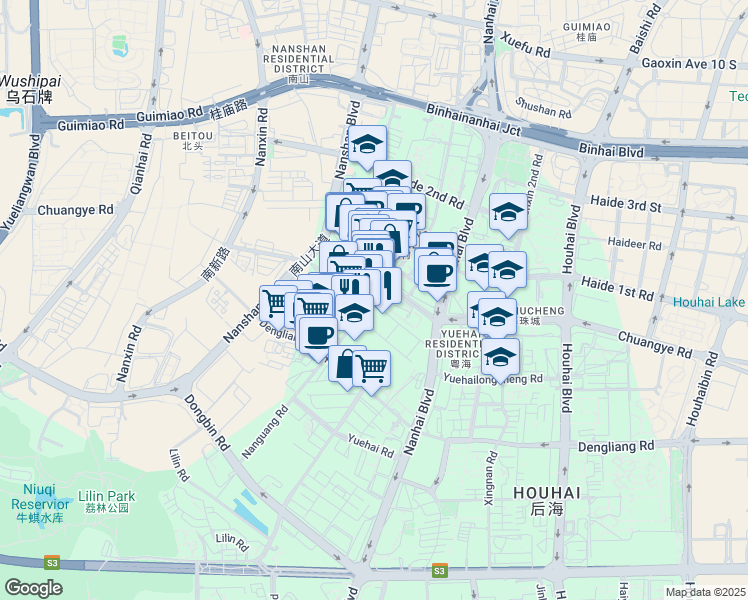 map of restaurants, bars, coffee shops, grocery stores, and more near Nan Guang Lu in Shen Zhen Shi