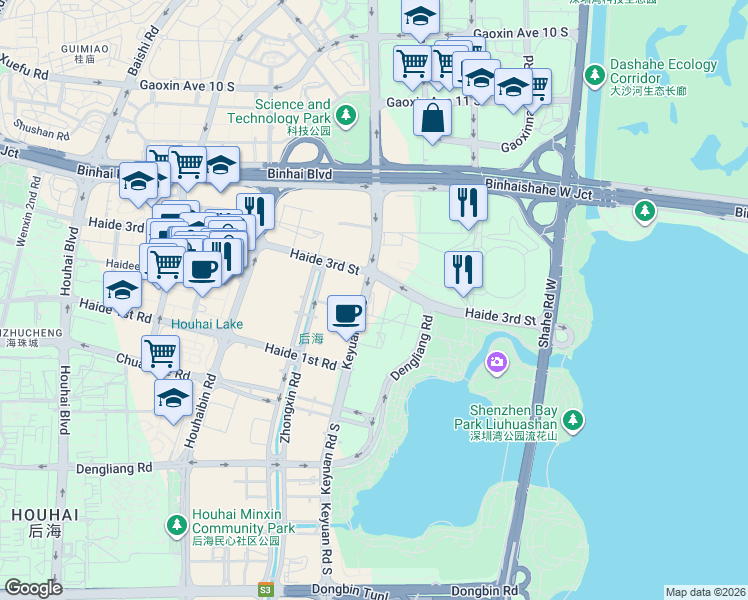 map of restaurants, bars, coffee shops, grocery stores, and more near 2888 Ke Yuan Nan Lu in Shen Zhen Shi