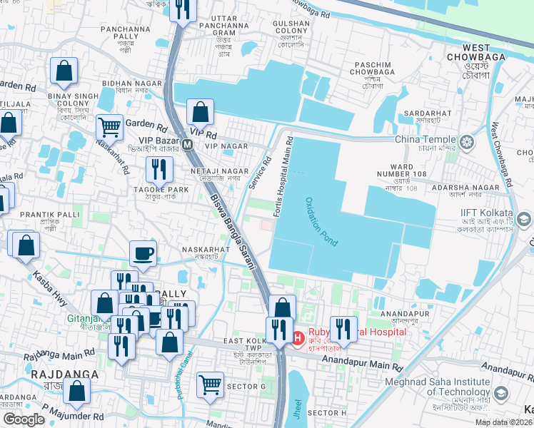 map of restaurants, bars, coffee shops, grocery stores, and more near 730 Eastern Metropolitan Bypass in Kolkata
