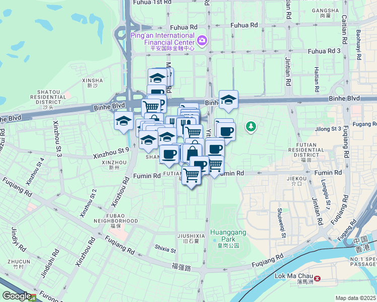 map of restaurants, bars, coffee shops, grocery stores, and more near Shi Xia Bei San Jie in Shenzhen Shi