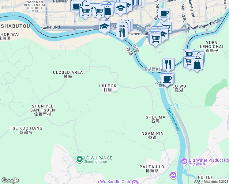 map of restaurants, bars, coffee shops, grocery stores, and more near Liu Pok Road in Hong Kong