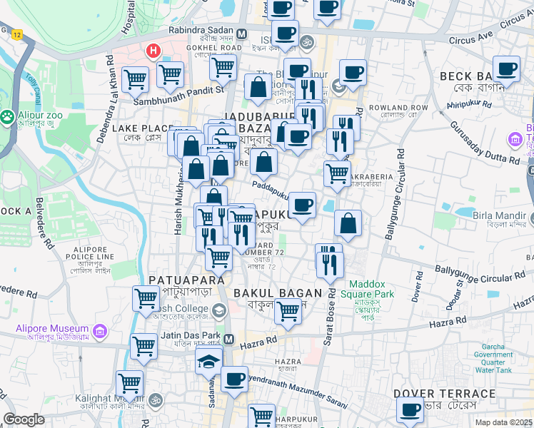 map of restaurants, bars, coffee shops, grocery stores, and more near 2 Allenby Road in Kolkata