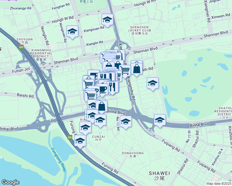 map of restaurants, bars, coffee shops, grocery stores, and more near Tai Ran Qi Lu in Shen Zhen Shi