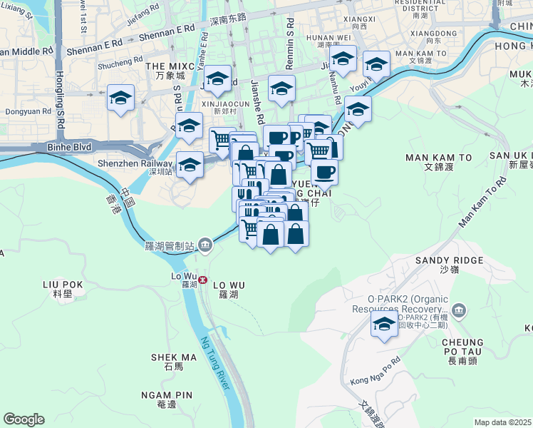 map of restaurants, bars, coffee shops, grocery stores, and more near 1008号 Jianshe Road in Shenzhen