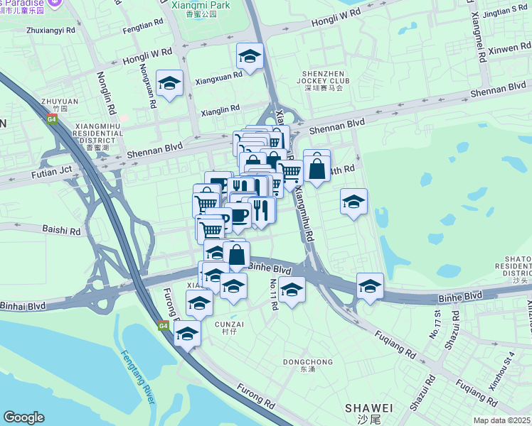 map of restaurants, bars, coffee shops, grocery stores, and more near Tai Ran Qi Lu in Shen Zhen Shi