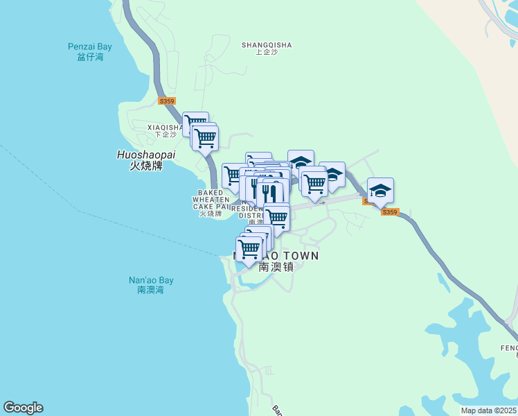 map of restaurants, bars, coffee shops, grocery stores, and more near Nan Ao Jie in Shen Zhen Shi