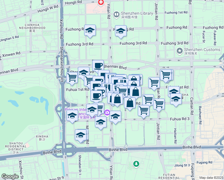 map of restaurants, bars, coffee shops, grocery stores, and more near Fu Hua Yi Lu in Shenzhen Shi