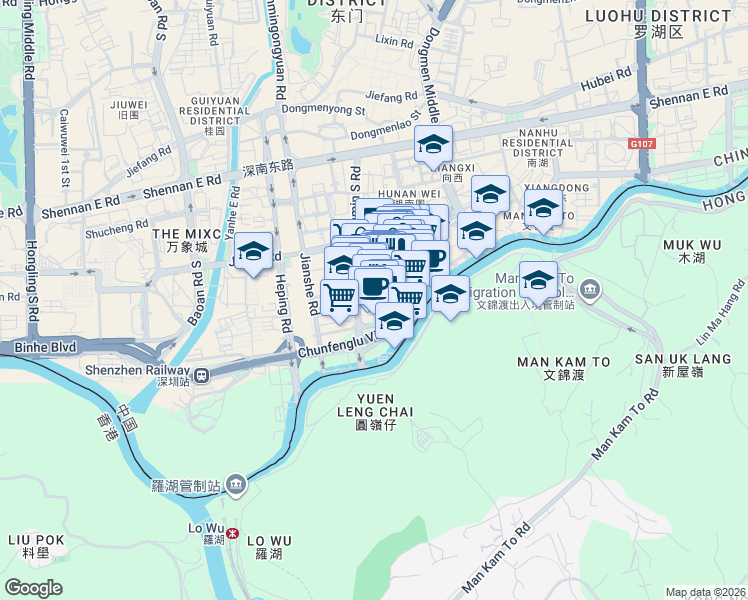 map of restaurants, bars, coffee shops, grocery stores, and more near 2002 Ren Min Nan Lu in Shen Zhen Shi