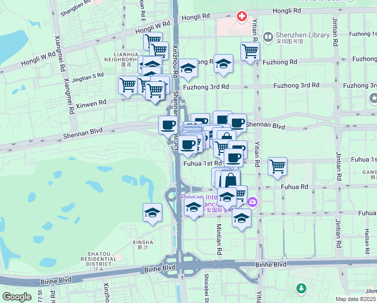 map of restaurants, bars, coffee shops, grocery stores, and more near 138 Fuhua 1st Road in Shenzhen Shi