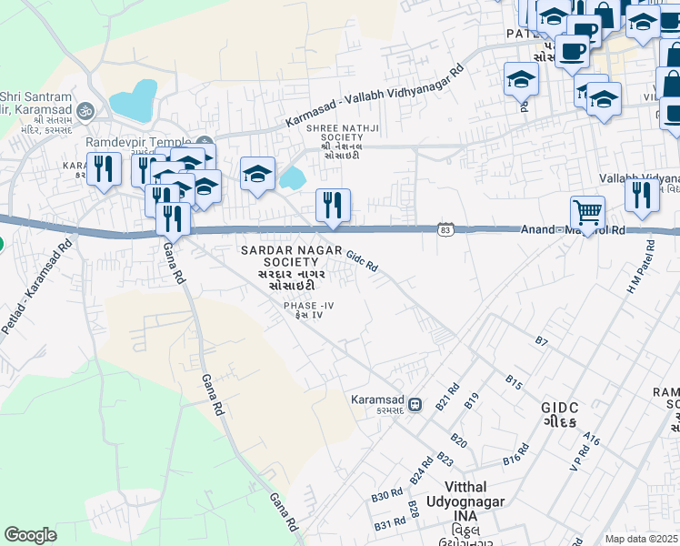 map of restaurants, bars, coffee shops, grocery stores, and more near in Anand