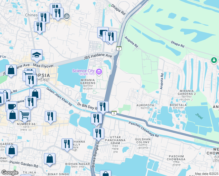 map of restaurants, bars, coffee shops, grocery stores, and more near Eastern Metropolitan Bypass in Kolkata