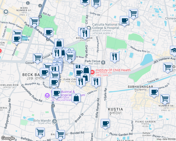 map of restaurants, bars, coffee shops, grocery stores, and more near 25 JBS Haldane Avenue in Kolkata
