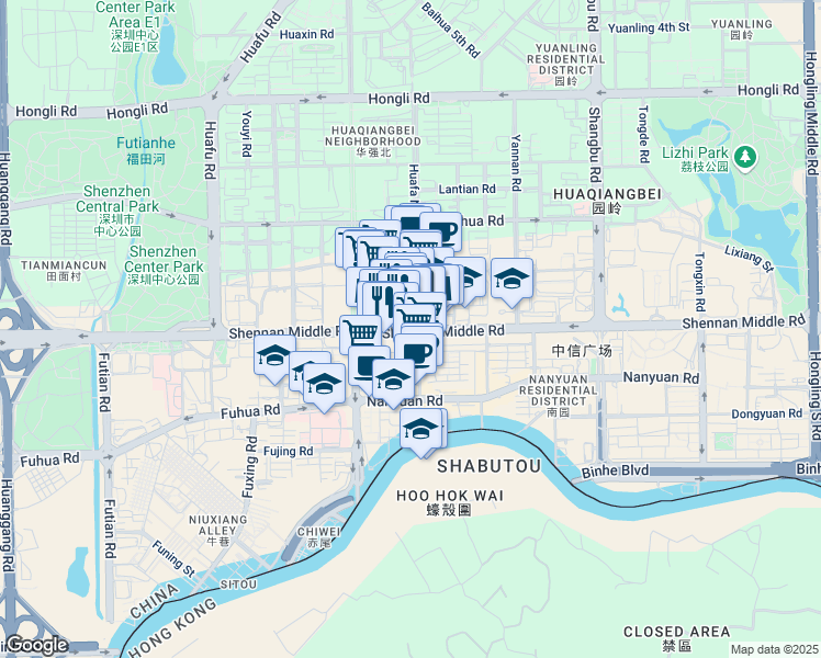map of restaurants, bars, coffee shops, grocery stores, and more near Shen Nan Zhong Lu in Shen Zhen Shi