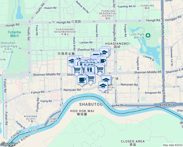 map of restaurants, bars, coffee shops, grocery stores, and more near Shen Nan Zhong Lu in Shenzhen Shi