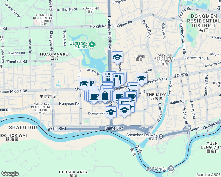 map of restaurants, bars, coffee shops, grocery stores, and more near Shen Nan Dong Lu in Shen Zhen Shi