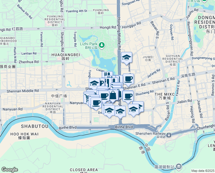 map of restaurants, bars, coffee shops, grocery stores, and more near Shen Nan Zhong Lu in Shen Zhen Shi
