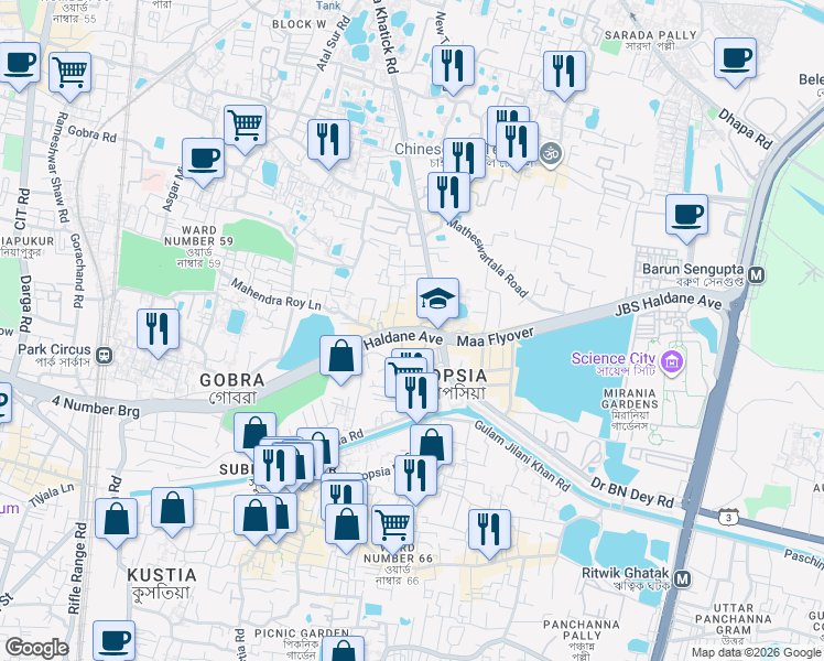 map of restaurants, bars, coffee shops, grocery stores, and more near 25 JBS Haldane Avenue in Kolkata
