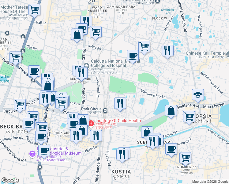 map of restaurants, bars, coffee shops, grocery stores, and more near Rai Charan Pal Lane in Kolkata