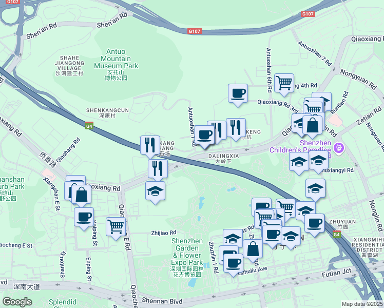 map of restaurants, bars, coffee shops, grocery stores, and more near Qiao Xiang Lu in Shen Zhen Shi