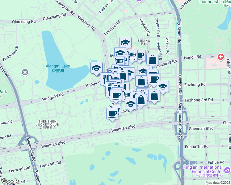 map of restaurants, bars, coffee shops, grocery stores, and more near 1050 Xiang Mei Lu in Shen Zhen Shi