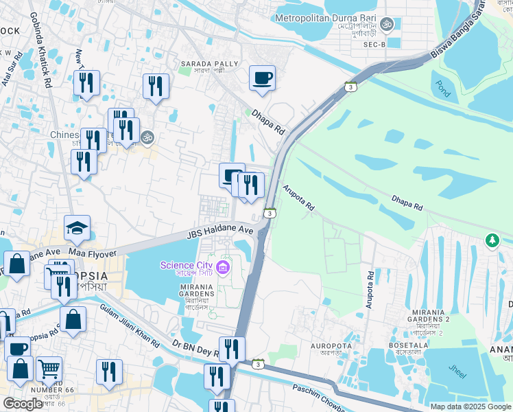 map of restaurants, bars, coffee shops, grocery stores, and more near 1 JBS Haldane Avenue in Kolkata