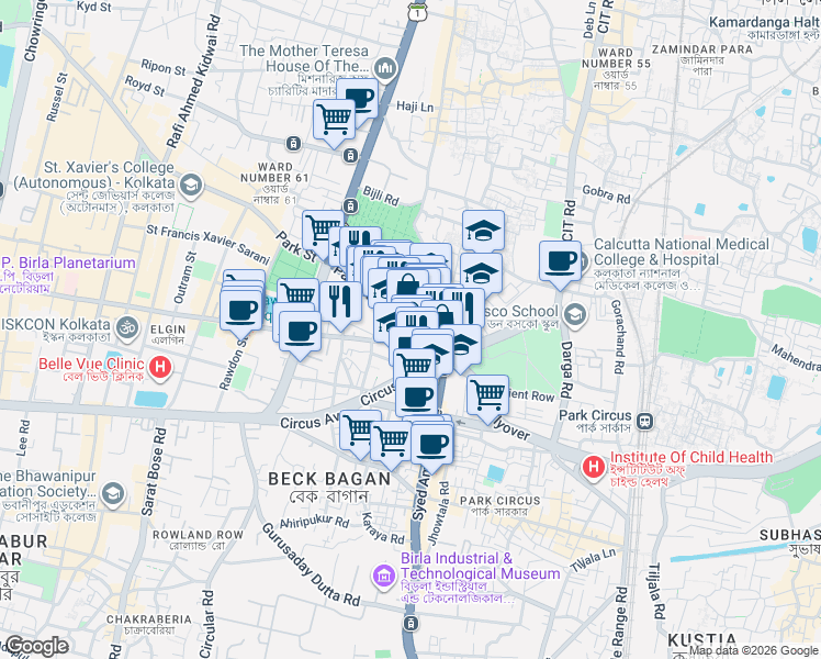 map of restaurants, bars, coffee shops, grocery stores, and more near 40 Park Street in Kolkata