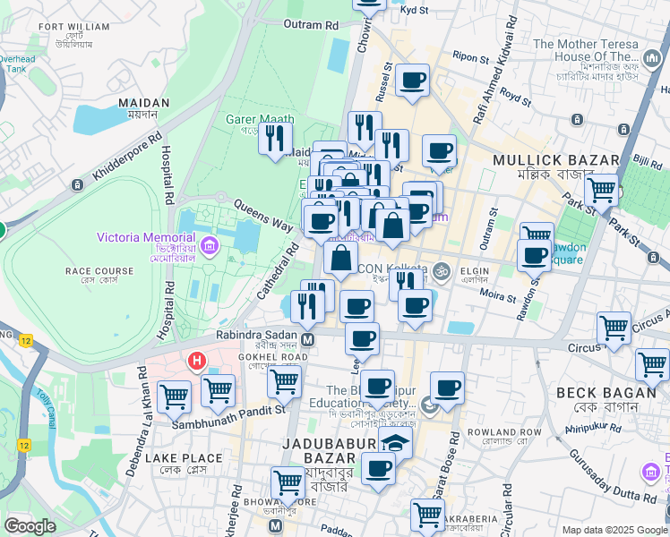 map of restaurants, bars, coffee shops, grocery stores, and more near 2 Lord Sinha Road in Kolkata