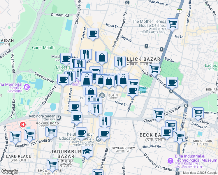 map of restaurants, bars, coffee shops, grocery stores, and more near 10 Hungerford Street in Kolkata