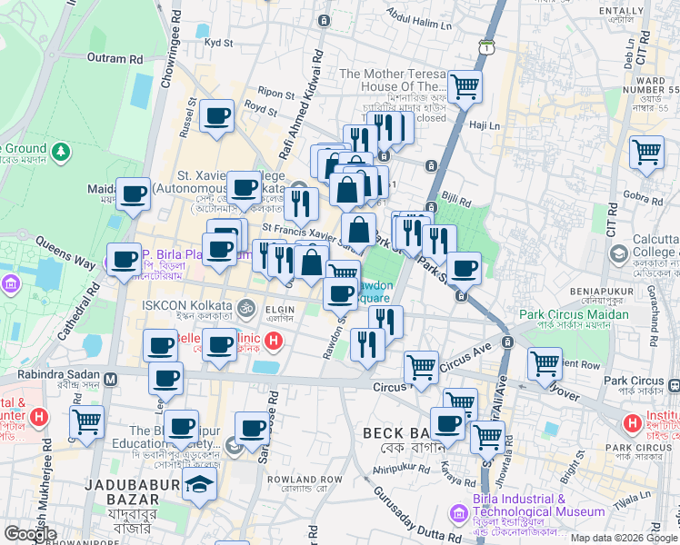 map of restaurants, bars, coffee shops, grocery stores, and more near 4 Robinson Street in Kolkata
