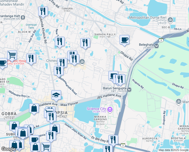 map of restaurants, bars, coffee shops, grocery stores, and more near Matheswartala Road in Kolkata