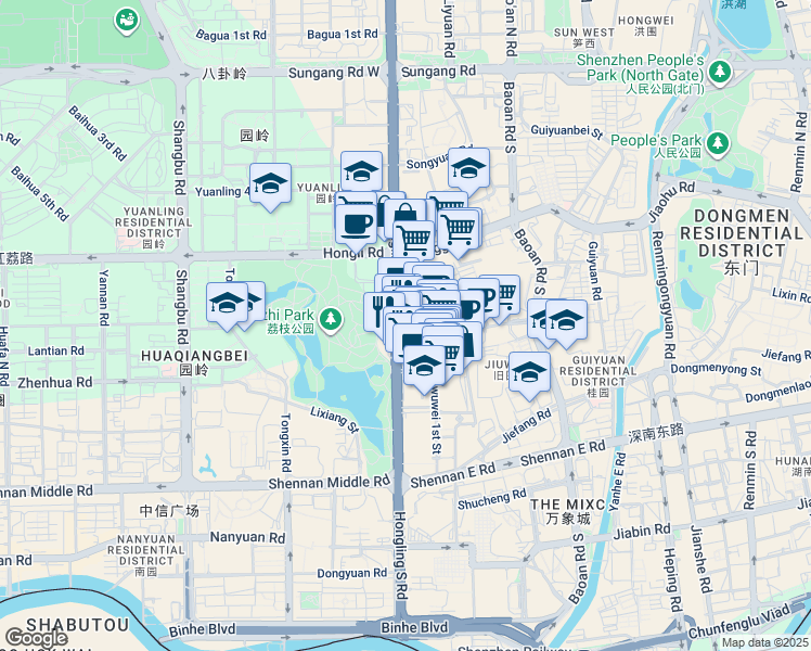 map of restaurants, bars, coffee shops, grocery stores, and more near Hong Ling Zhong Lu in Shen Zhen Shi