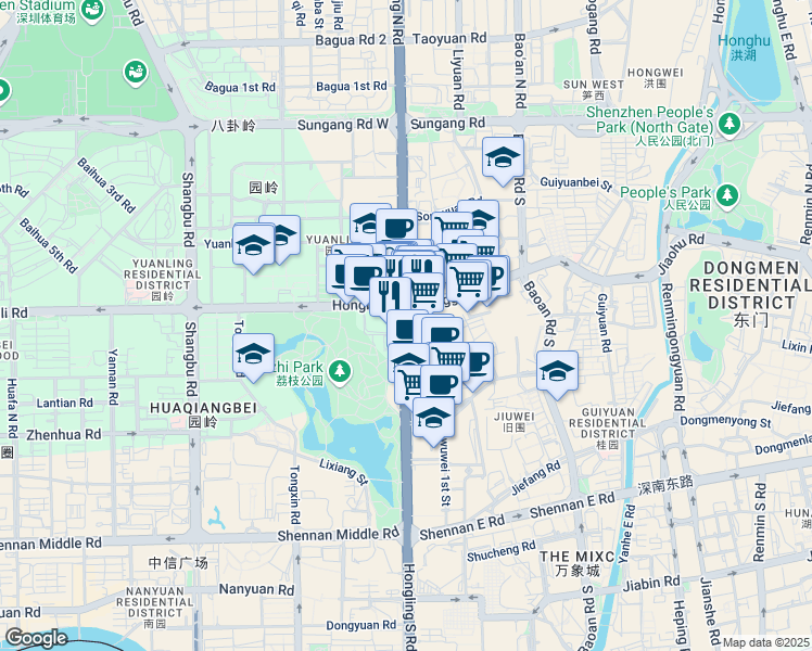 map of restaurants, bars, coffee shops, grocery stores, and more near Hong Ling Zhong Lu in Shen Zhen Shi