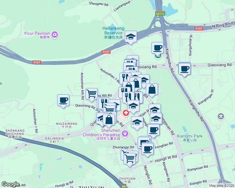 map of restaurants, bars, coffee shops, grocery stores, and more near Qiao Xiang Lu in Shen Zhen Shi