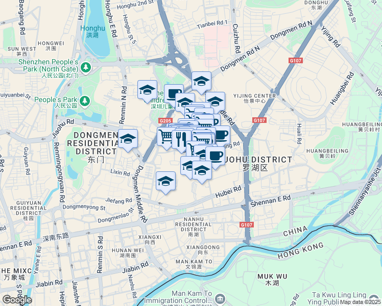 map of restaurants, bars, coffee shops, grocery stores, and more near Dong Men Zhong Xing Lu in Shen Zhen Shi
