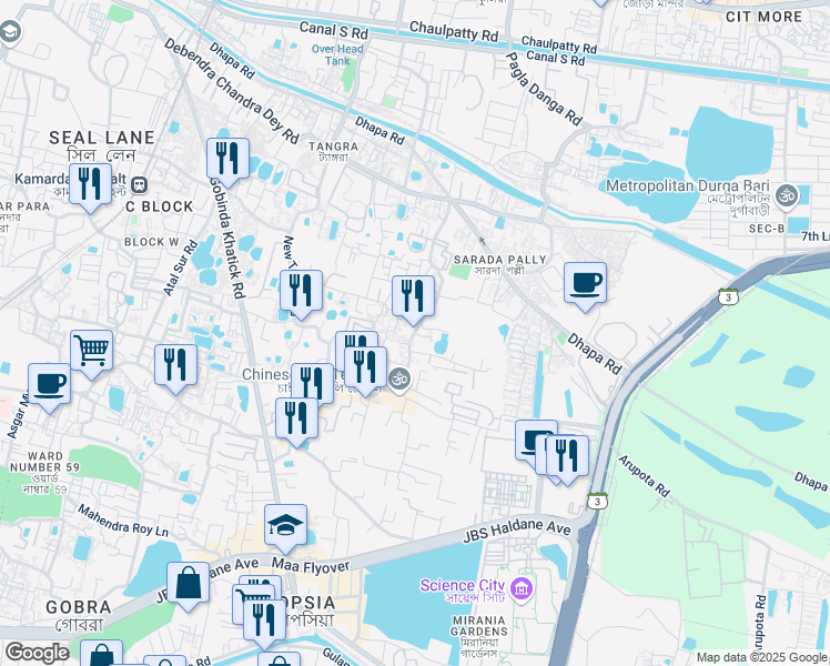 map of restaurants, bars, coffee shops, grocery stores, and more near Matheswartala Road in Kolkata