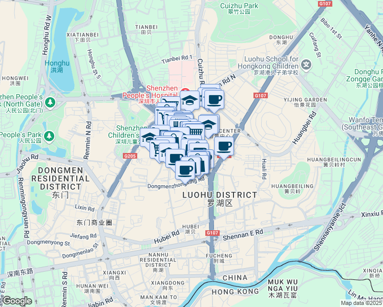 map of restaurants, bars, coffee shops, grocery stores, and more near Wen Jin Zhong Lu in Shen Zhen Shi