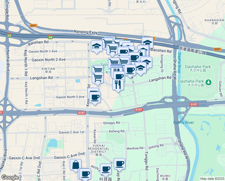 map of restaurants, bars, coffee shops, grocery stores, and more near 11 Lang Shan Lu in Shen Zhen Shi