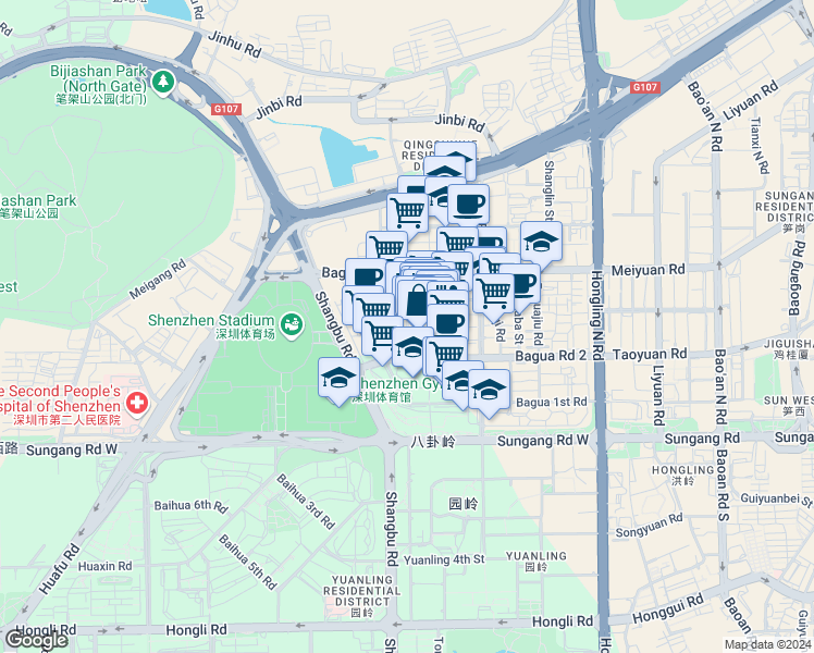 map of restaurants, bars, coffee shops, grocery stores, and more near Niu Zai Jie in Shenzhen Shi