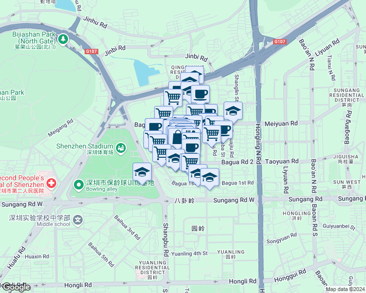 map of restaurants, bars, coffee shops, grocery stores, and more near Niu Zai Jie in Shen Zhen Shi